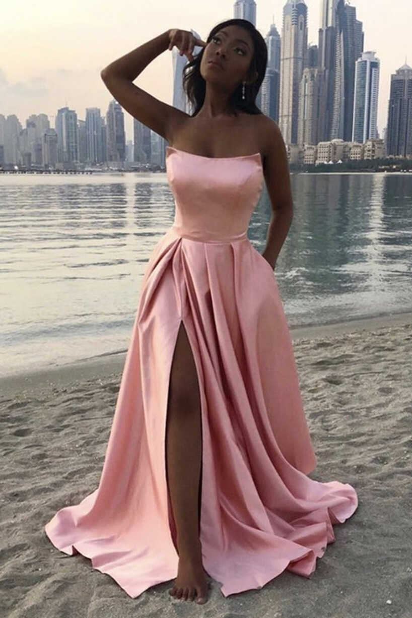 Strapless Pink Satin Long Prom Dress with High Slit, Simple Pink ...