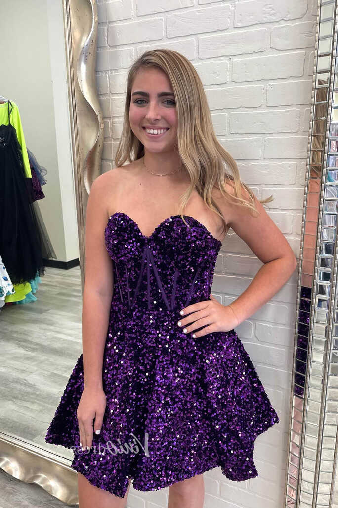 Strapless Purple Sequin Homecoming Dresses Short Graduation Dress ...