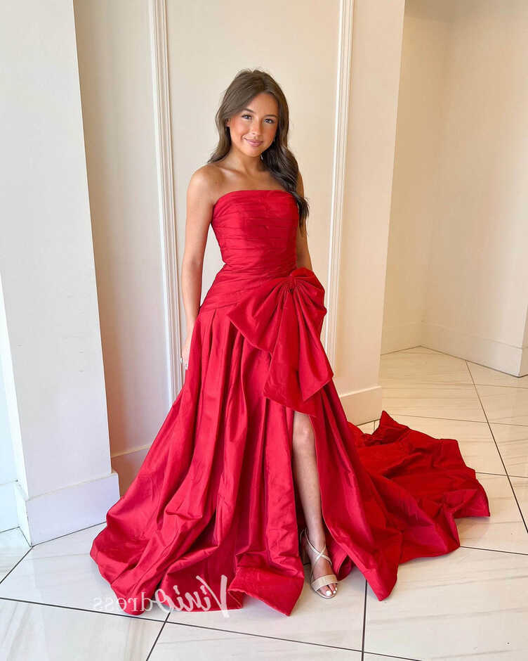 Strapless Red Bow Tie Prom Dresses 2024 Satin Formal Gowns with ...