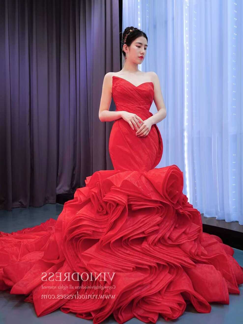 Strapless Red Mermaid Wedding Dresses Ruffled Rosette Pageant Gown ...