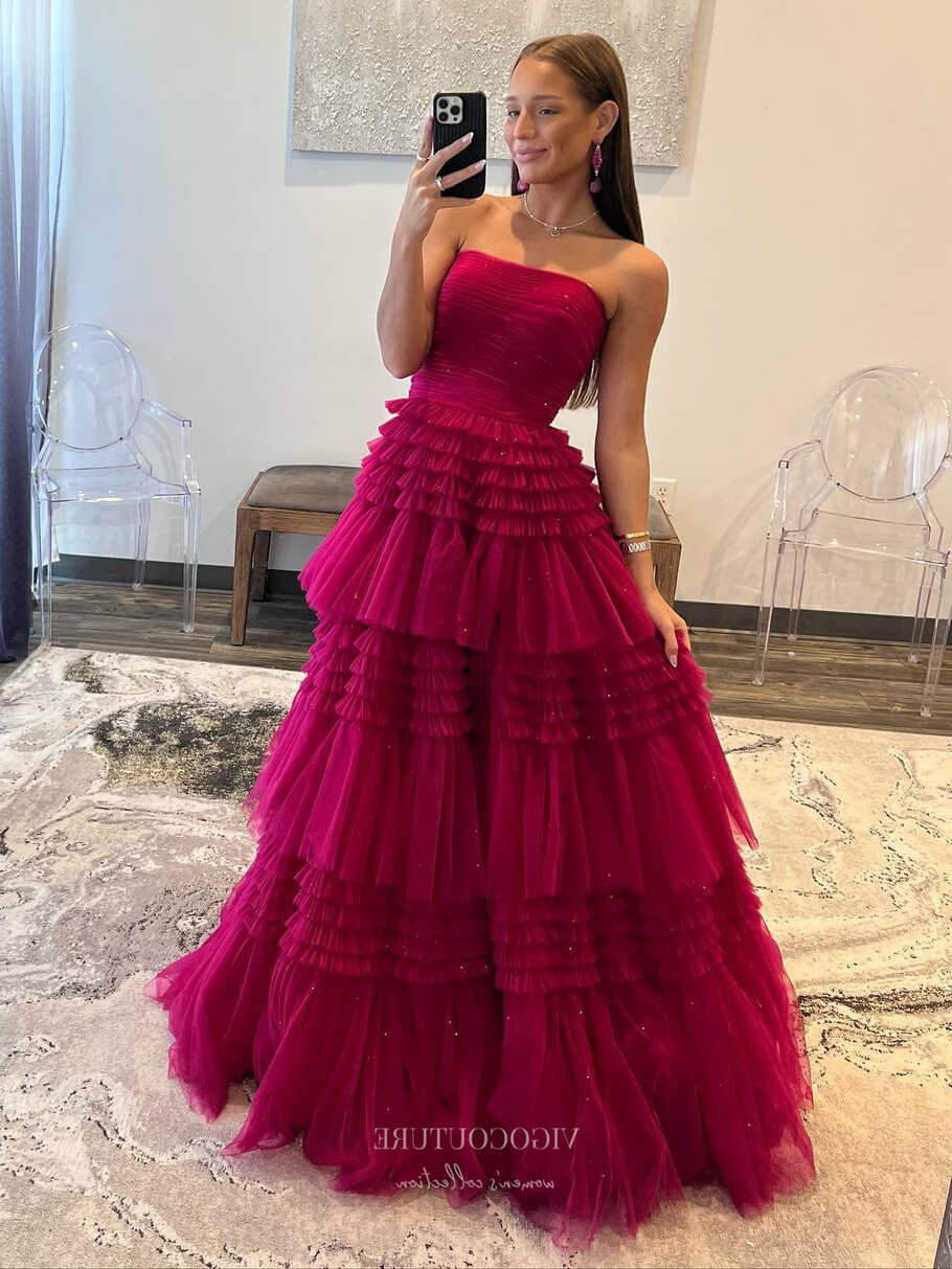 Strapless Ruffled Prom Dresses with Slit Sparkly Tulle Formal Gown ...