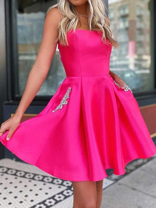 Strapless Short Hot Pink Satin Prom Dresses, Short Hot Pink ...