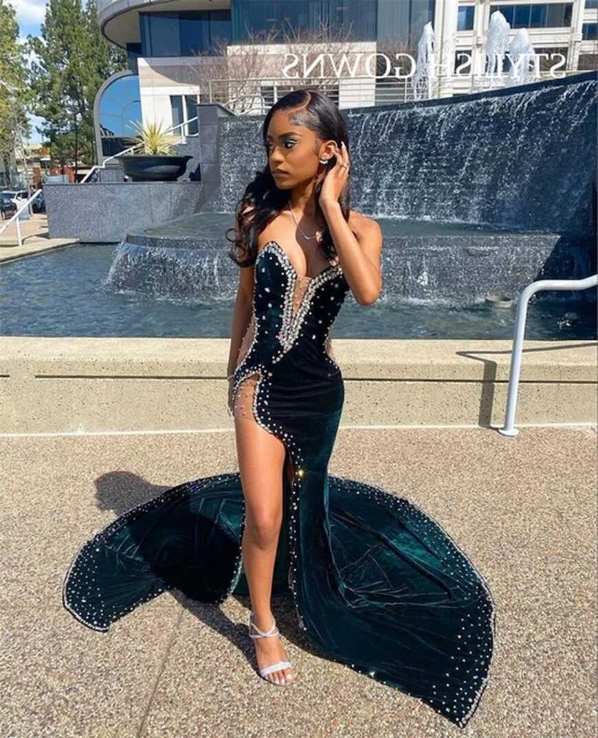 Strapless Velvet Long Prom Dress For Black Girls 2023 Beaded ...