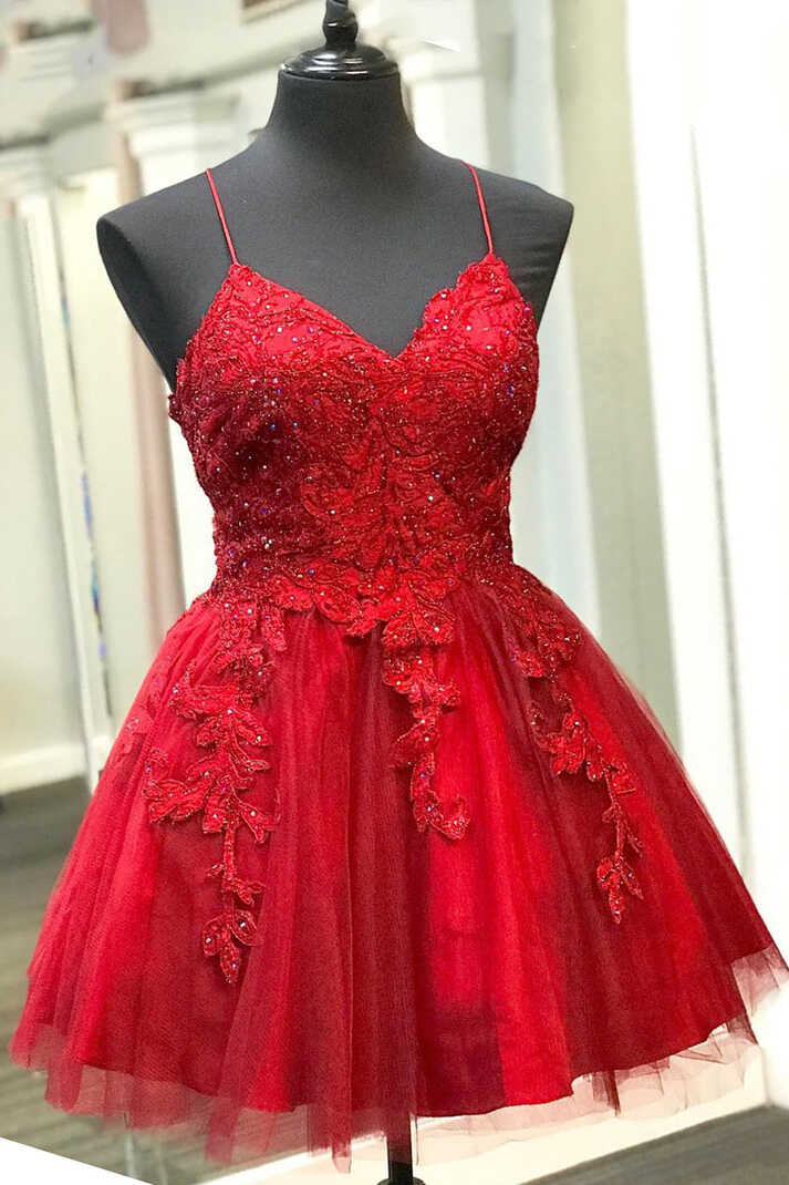 Strappy Lace Appliqued Red Short Homecoming Dress – FancyVestido