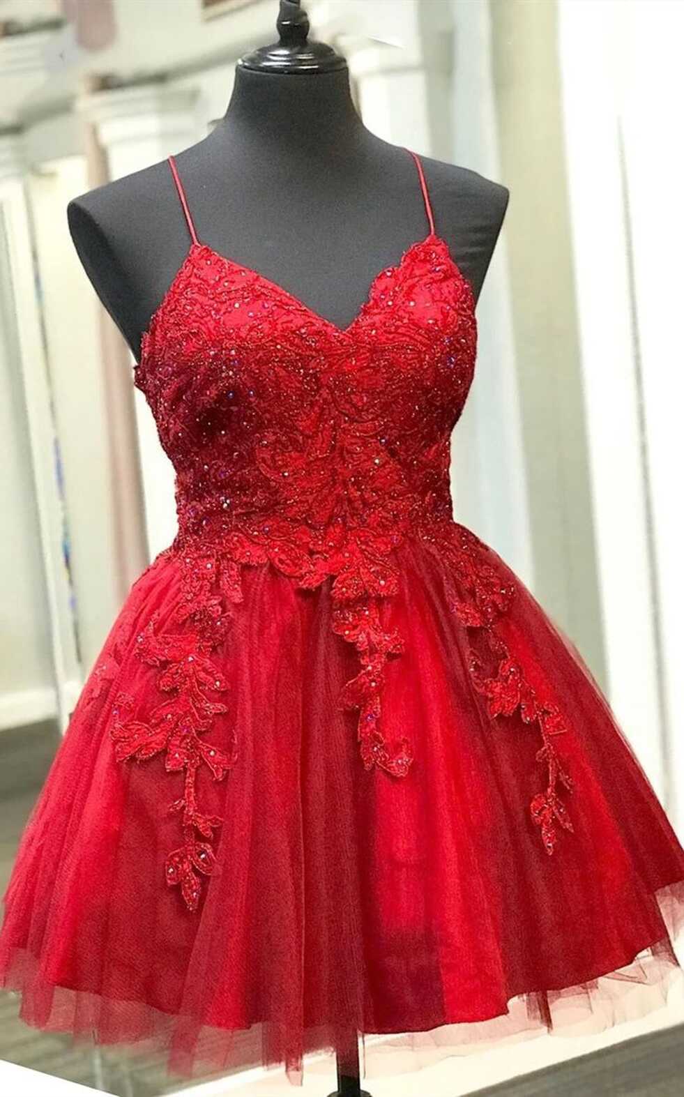 Strappy Lace Appliqued Red Short Homecoming Dress | Mezunlar ...