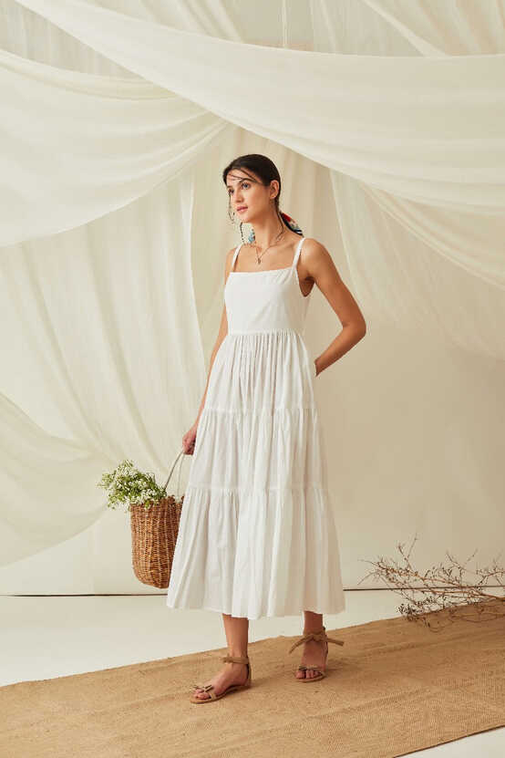 Strappy tiered cotton poplin maxi dress-Marshmallow White