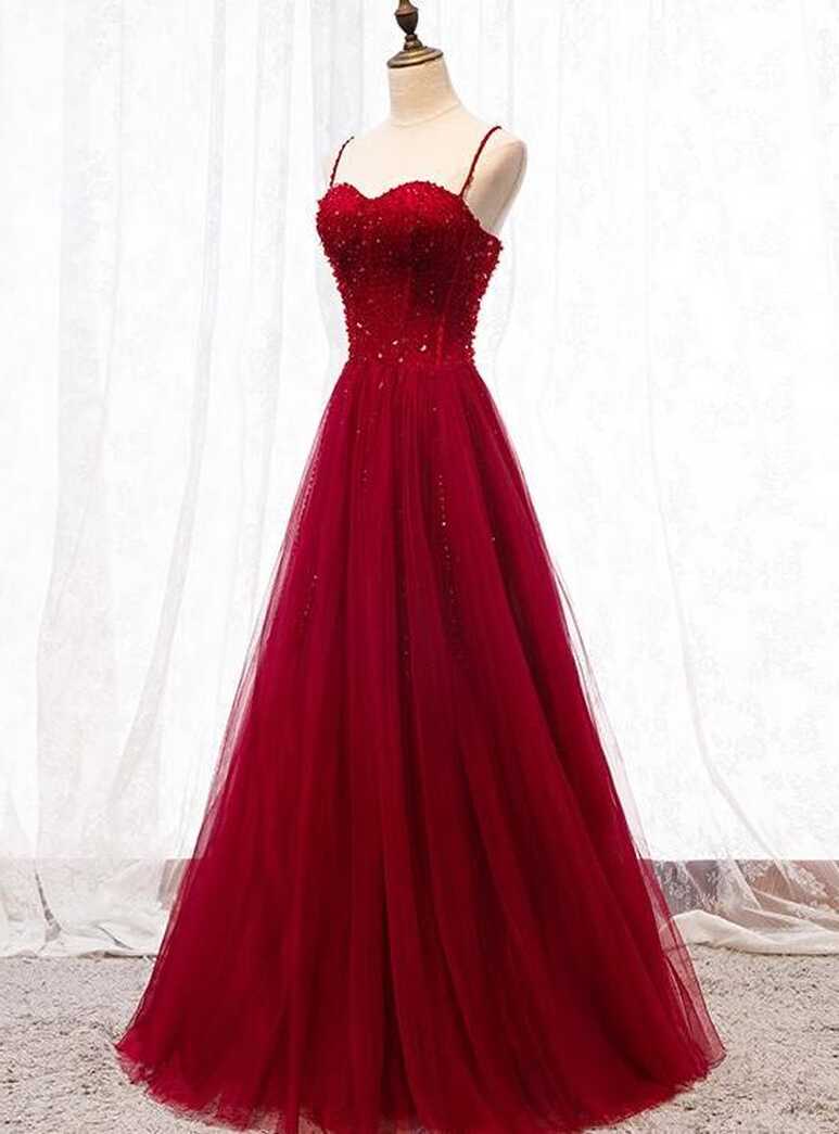 Straps Dark Red Beaded Sweetheart Long Formal Dress, Junior Prom ...