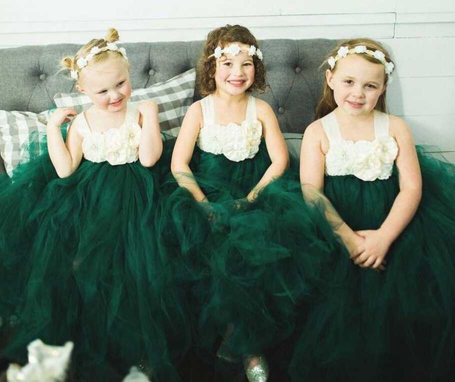 Straps Green Flower Girl Dresses Tulle with handmade Flowers