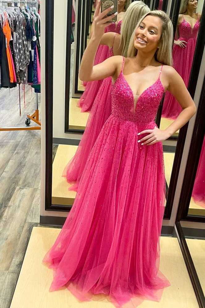 Straps Neon Pink Beaded A-Line Long Formal Dress – FancyVestido