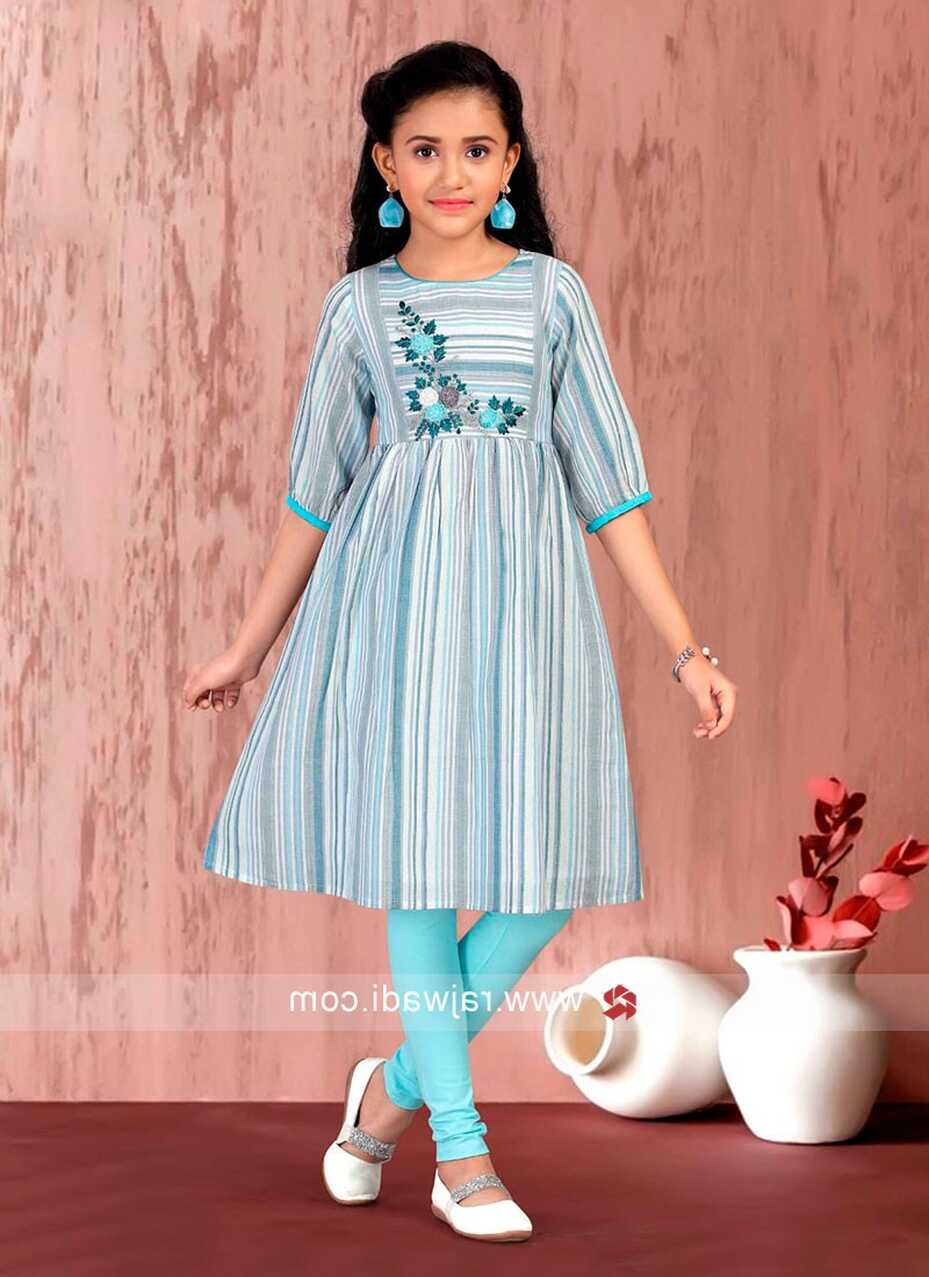 Striped Cotton A-line Girls Kurti Set