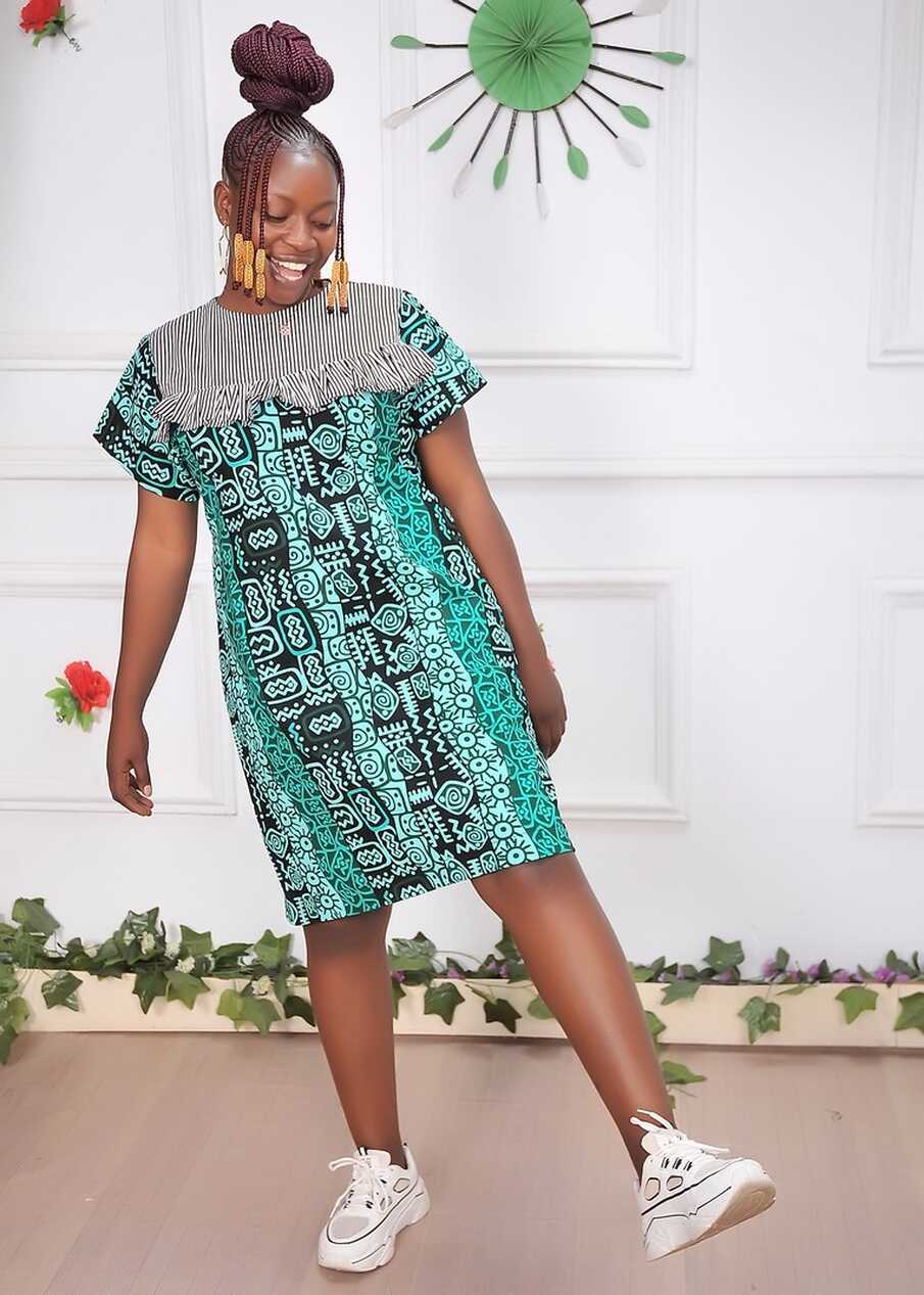 Striped With Ankara Short Green Work Wear Casual Evening Dress ...