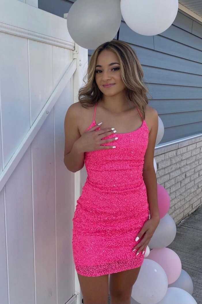 Strps Hot Pink Sequins Tight Homecoming Dress