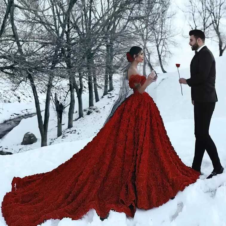 Stunning 2022 Dark Red Red Ballgown Wedding Dress With 3D Rose ...