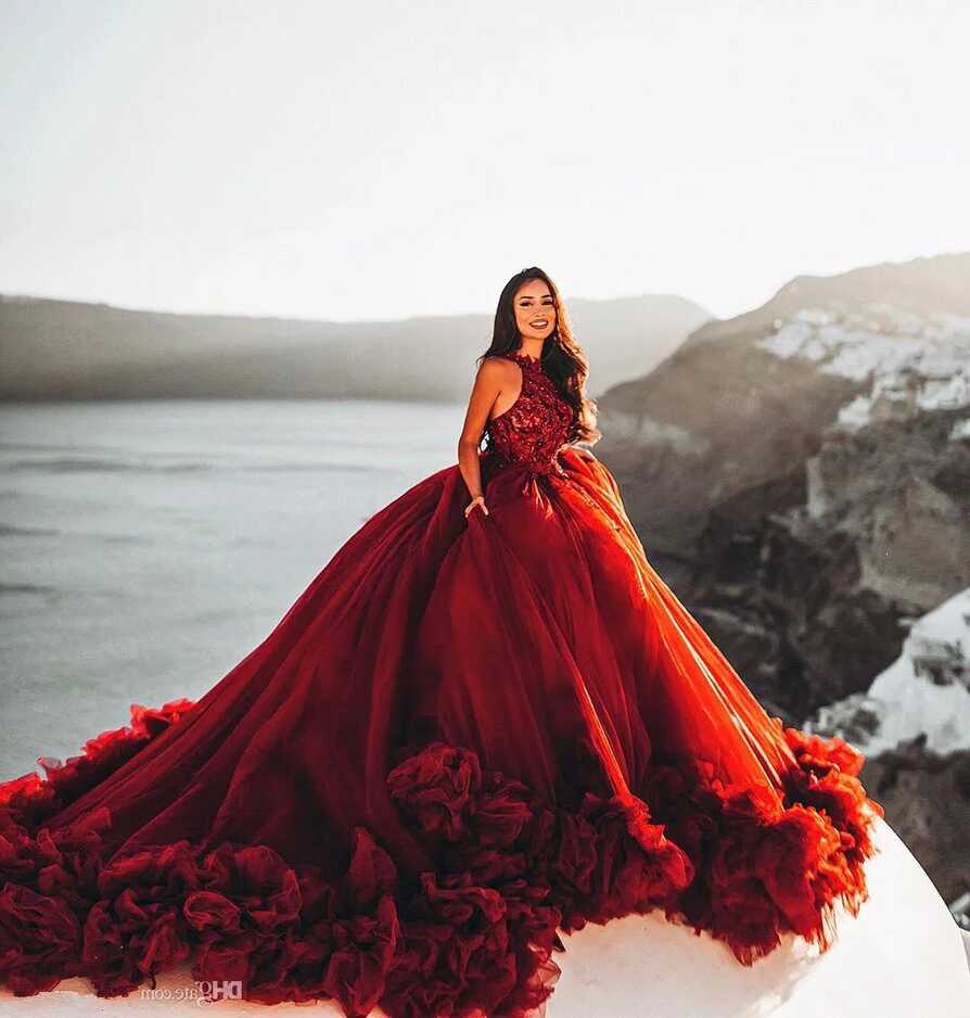 Stunning Dark Red Red Ballgown Wedding Dress With Halter Neck ...