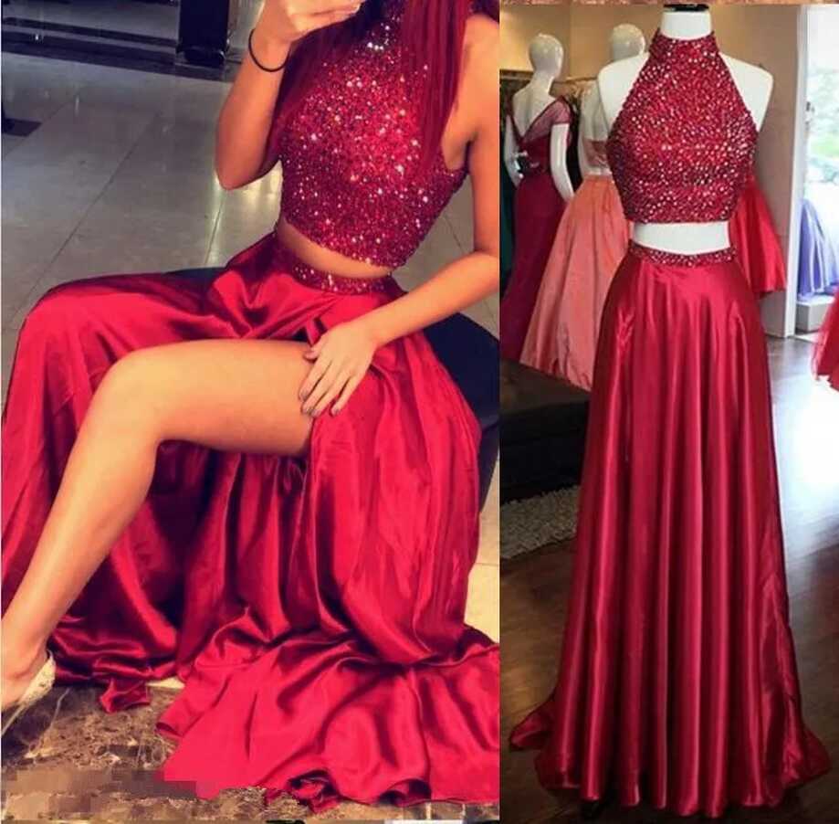 Stunning Dark Red Sequined Two Piece Maxi Red Homecoming Dresses ...