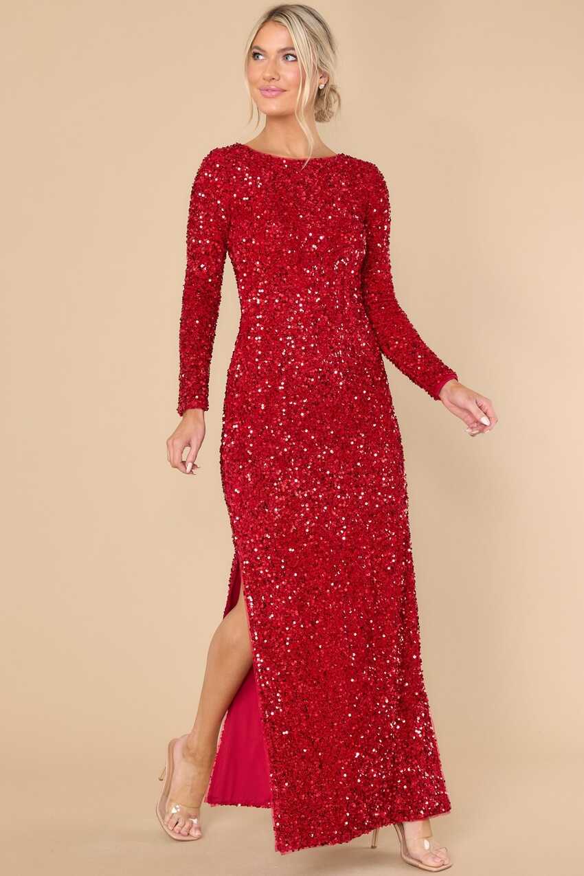 Stunning Ruby Red Sequin Long Sleeve Dress - Maxi Dresses | Red Dress