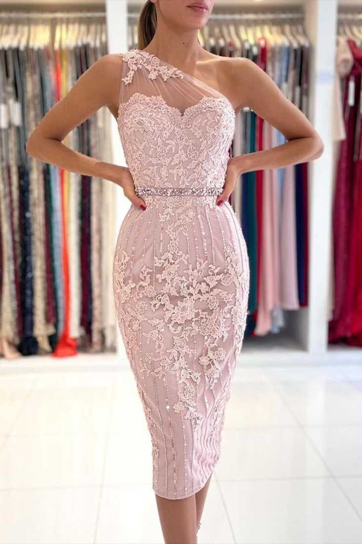 Stunning Short Mermaid One Shoulder Lace Prom Dress With Crystal ...