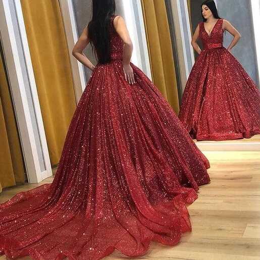 Stunning V Neck Wine Red Ball Gown Prom Dresses 2023 Sequined ...