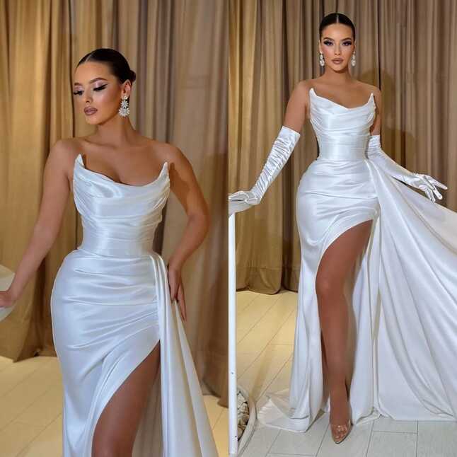 Stunning White Strapless Classy Evening Dress With Side Slits And ...