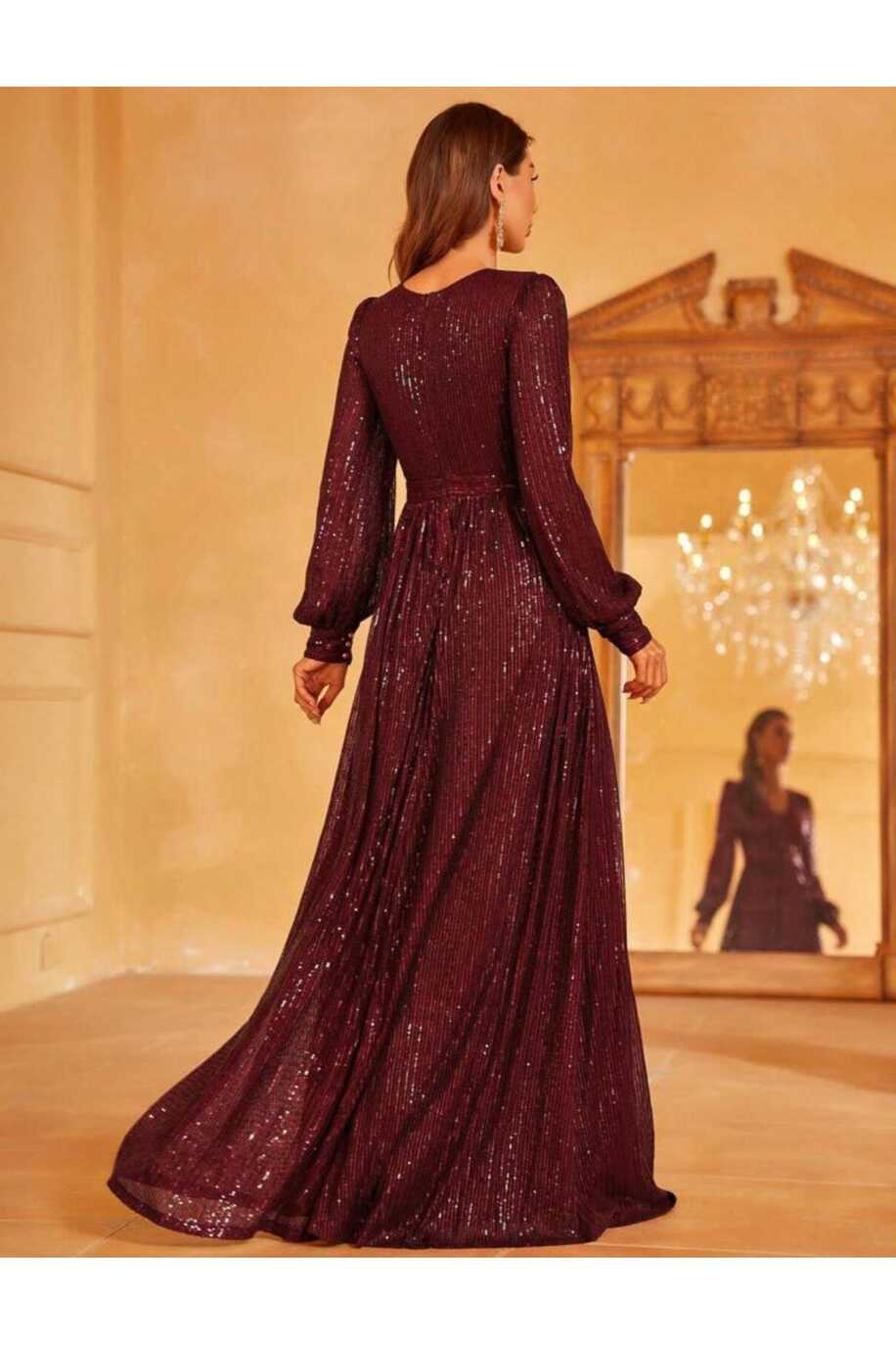 Styling Park Sequin V Neck Long Sleeve Maxi Evening Dress - Trendyol