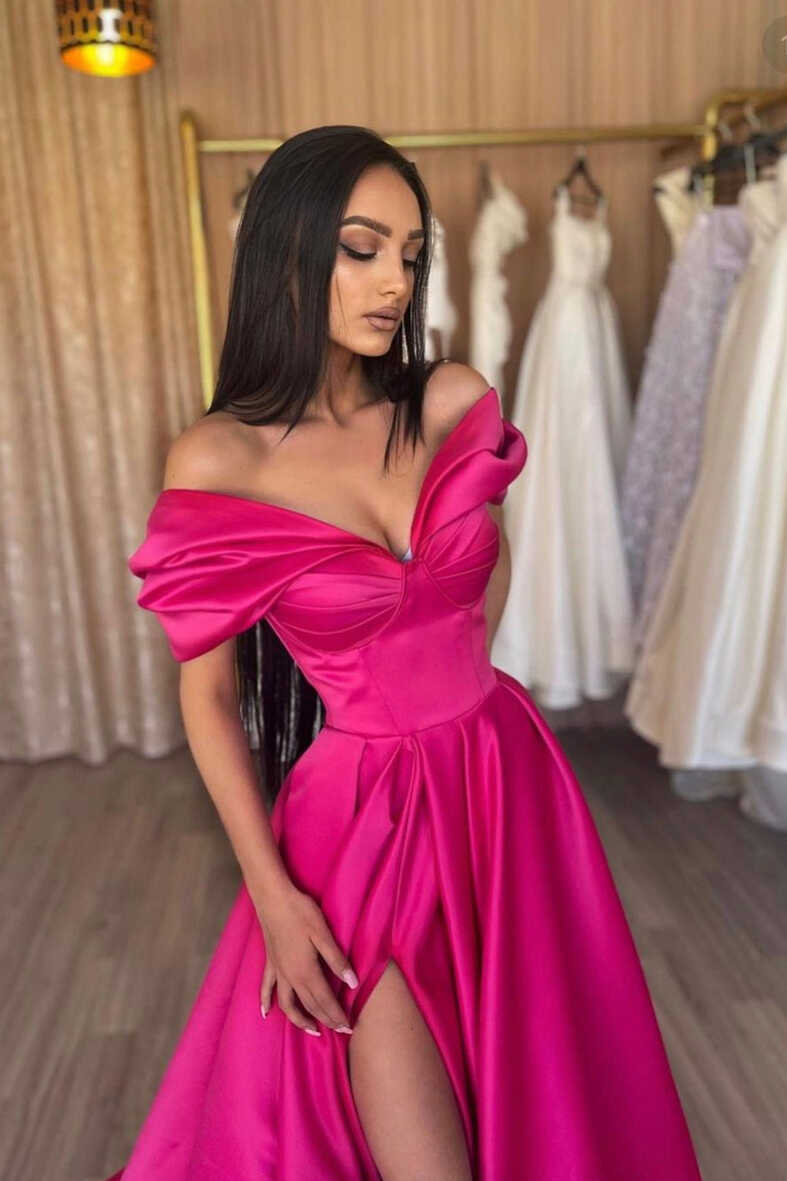 Stylish A-Line Off the Shoulder Satin Long Prom Dress, Hot Pink Satin