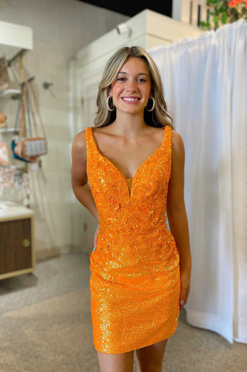 Stylish Bodycon V Neck Orange Sequins Short Homecoming Dress with ...