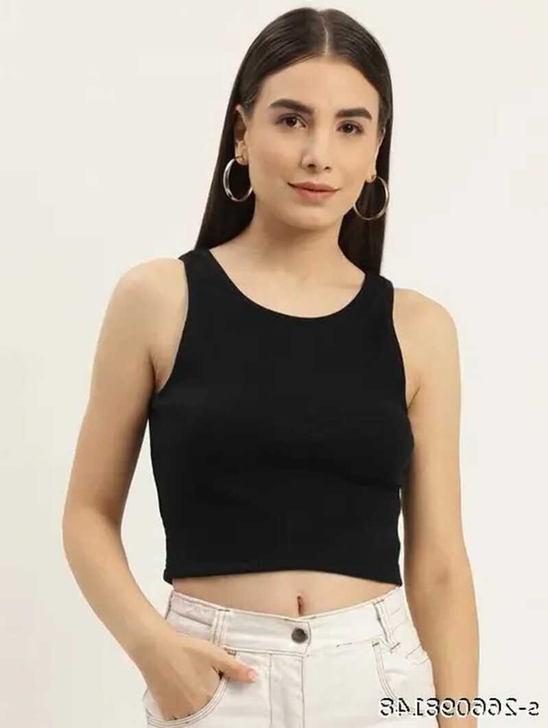 Stylish Casual Sleeveless Solid Round-Neck Black &quot;Crop Top,Tank ...