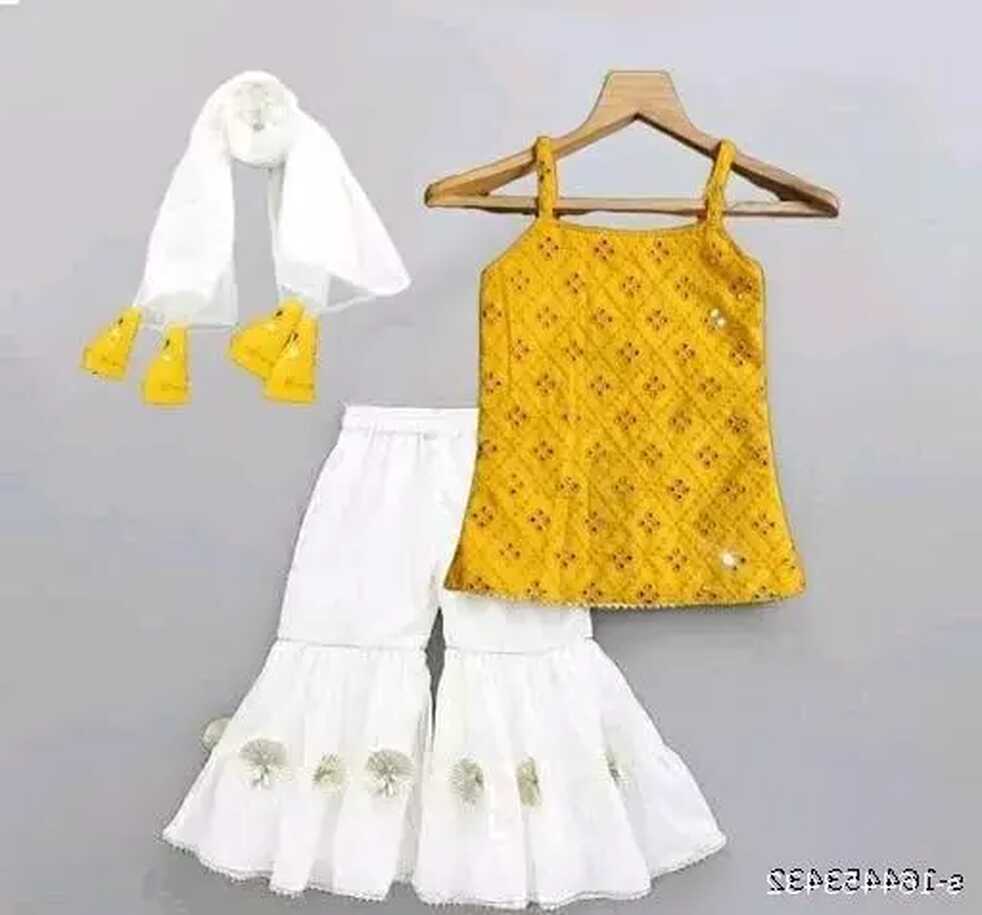 Stylish Cotton Embroided Sleeveless Yellow Kurta and Palazzo with ...