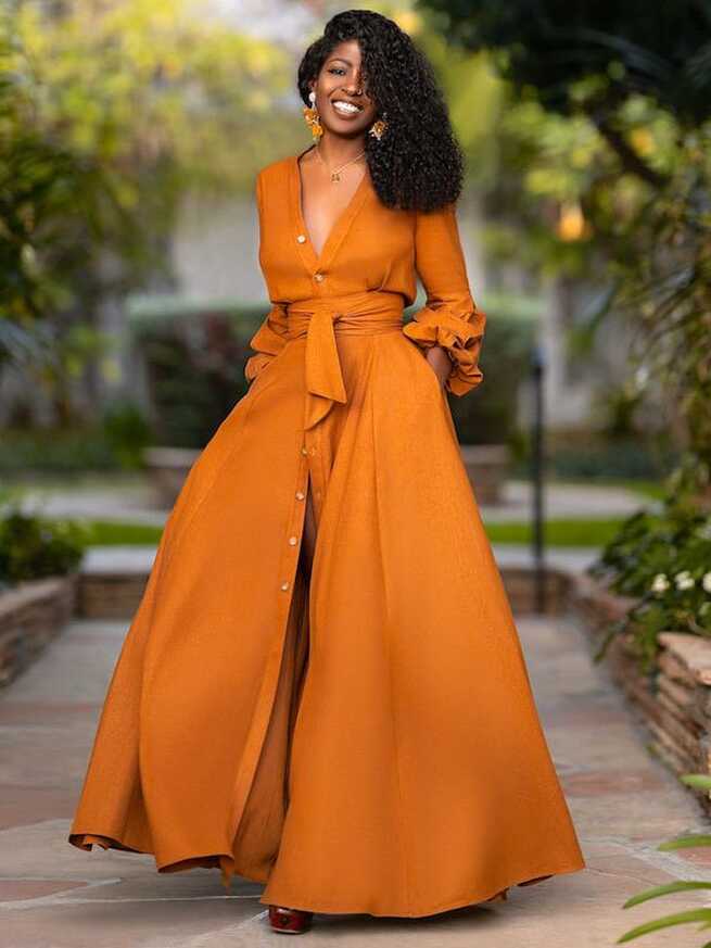 Stylish Deep V Solid Long Sleeve Maxi Dresses