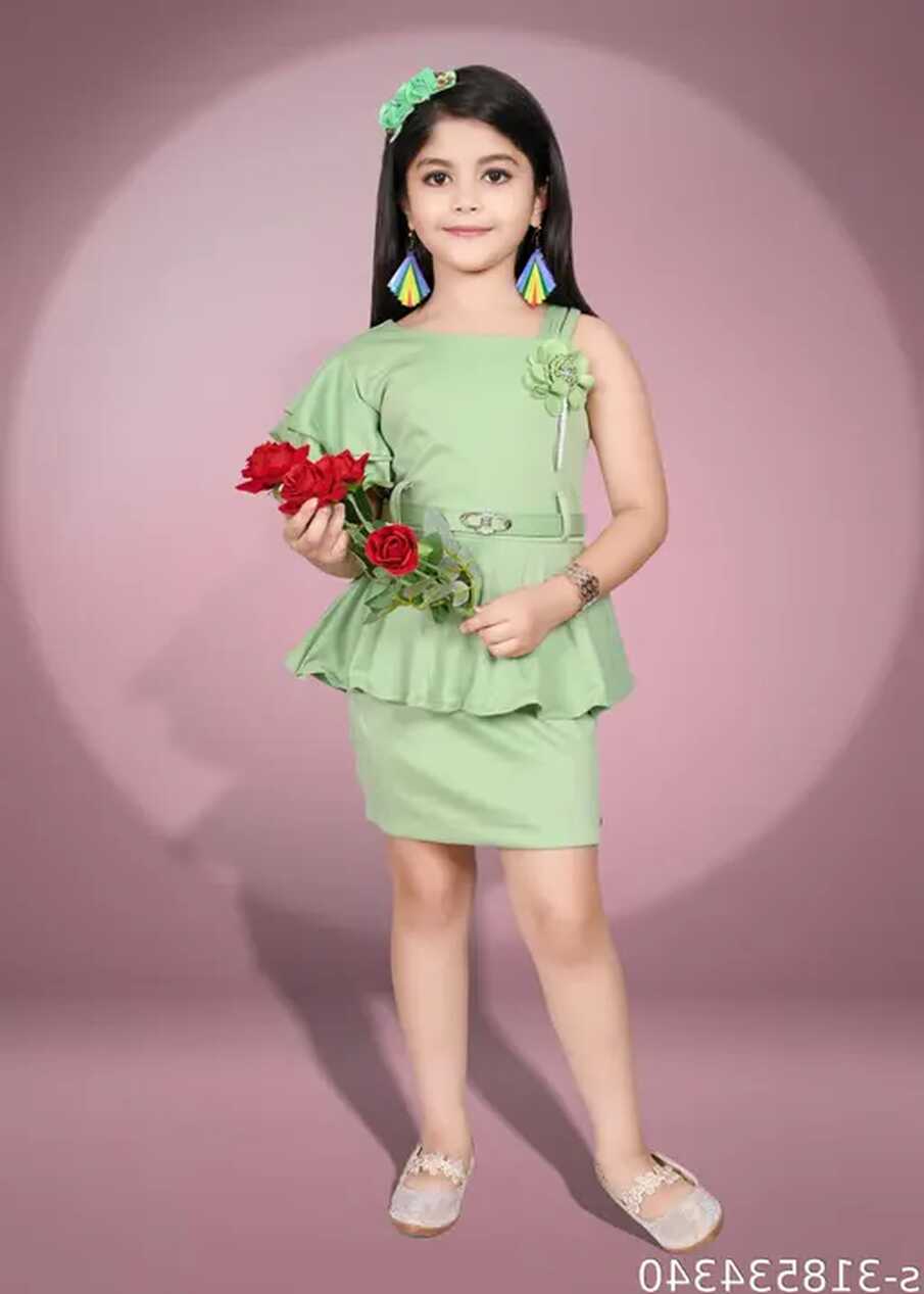 Stylish Green Cotton Silk Girls Western Dress Designer Sleeves and ...