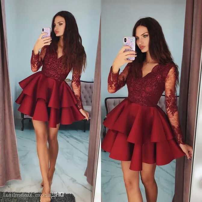 Stylish Red V Neck Petite Red Cocktail Dress With Tiered Beaded ...