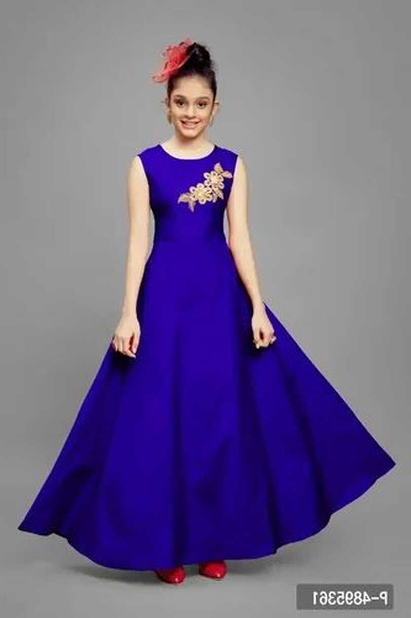 Stylish Satin Blue Embroidered Long Dress For Girls - 13-14 Years ...