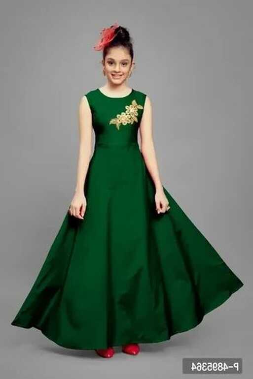 Stylish Satin Green Embroidered Long Dress For Girls - Green, 13 ...