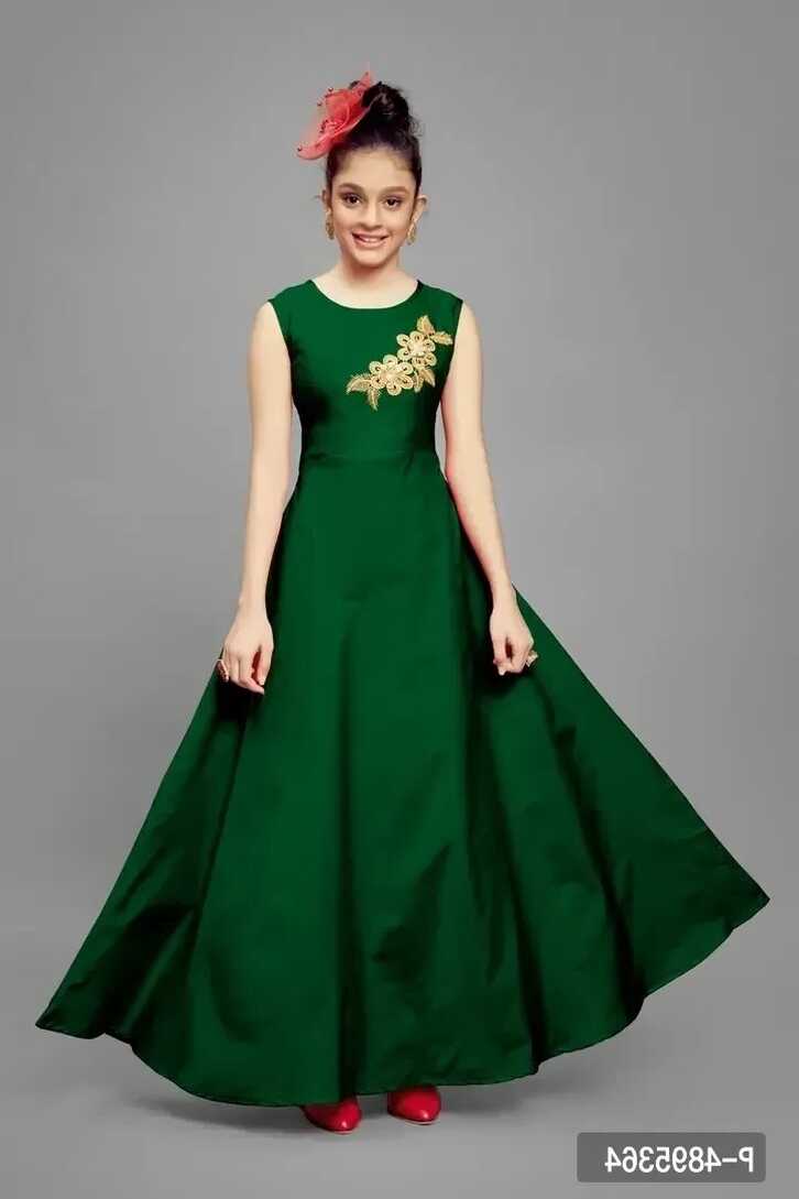 Stylish Satin Green Embroidered Long Dress For Girls - Green, 9-10 ...