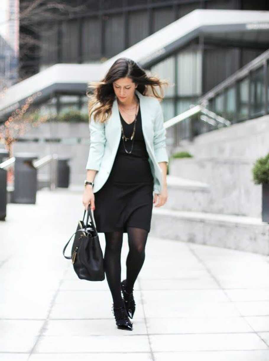 Stylish Winter Work Outfit with Black Dress and Blazer