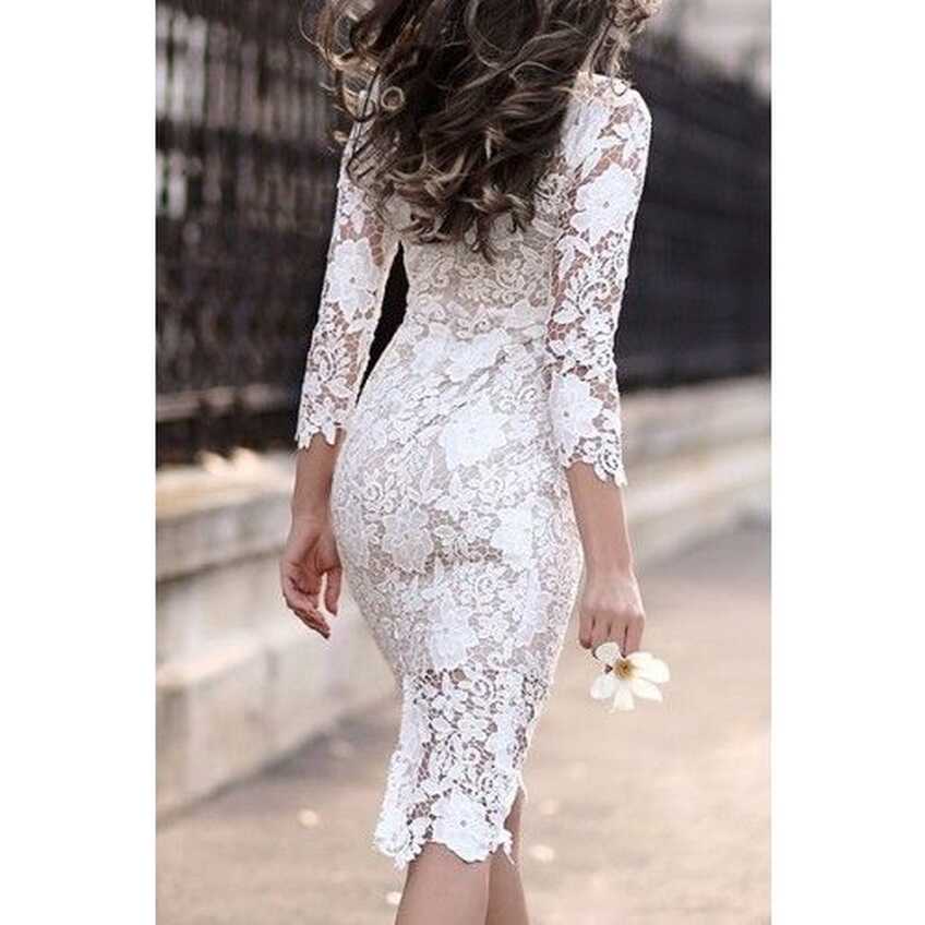 Stylish Women s Lace Cut Out Over Hip 3/4 Sleeve Pure Color Dress ...