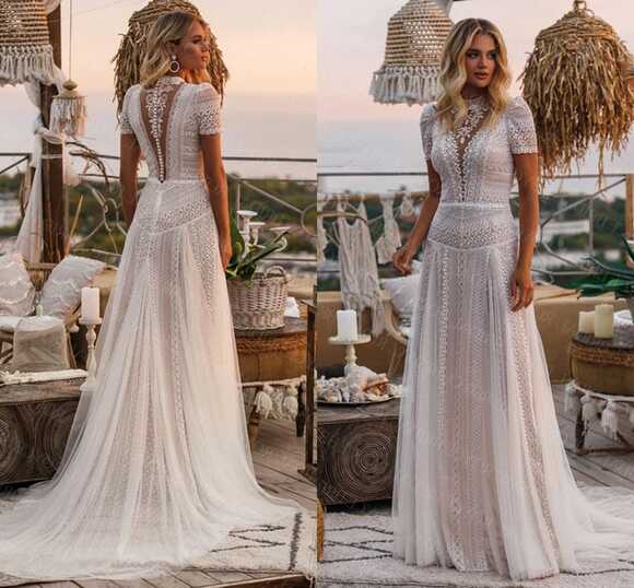 Summer Beach Boho Wedding Dresses High Neck Short Sleeve Vintage ...