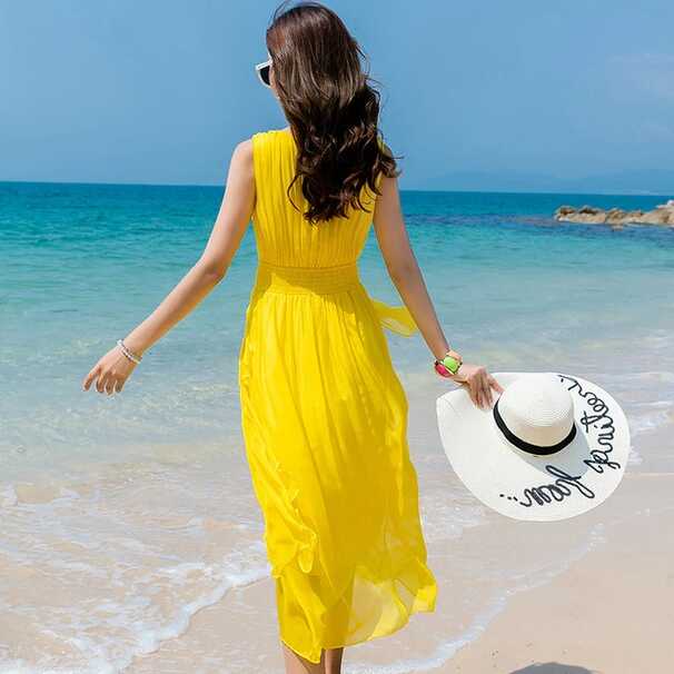 Summer Beach Dress Women Long Party Dress Yellow Vestidos ...