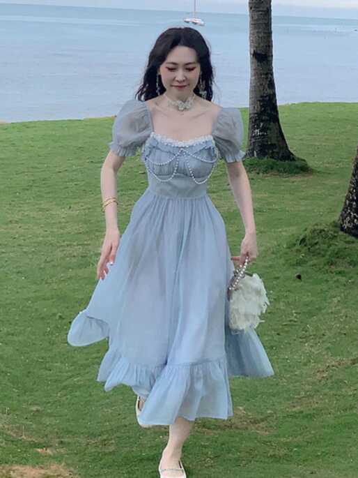 Summer Blue Elegant Fairy Dress Women Bow Bandage Party Midi ...