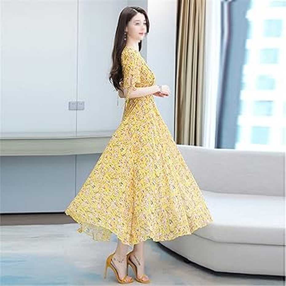 Summer Casual Chiffon Dresses Women Yellow Floral Robe Short ...