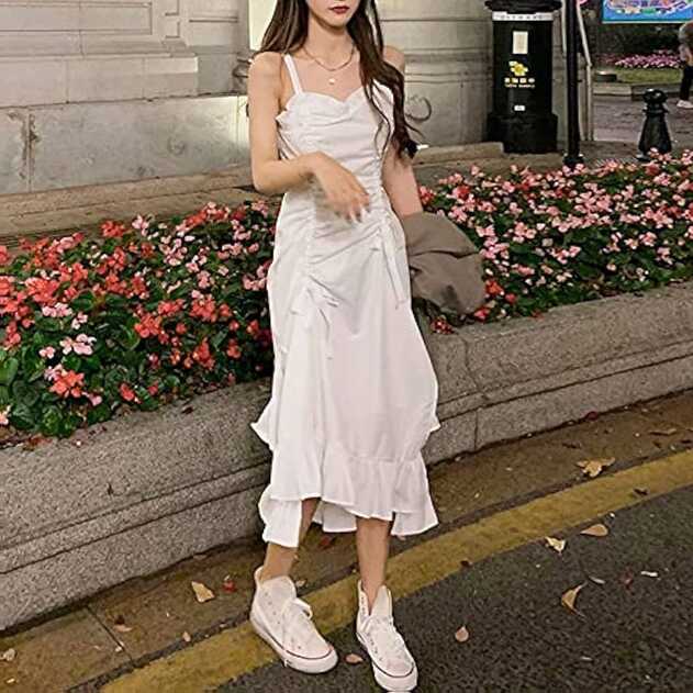 Summer Casual White Strap Dress Women Sleeveless Solid Elegant ...