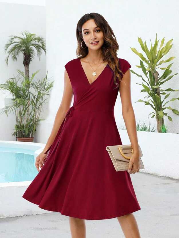 Summer Casual Wrap Swing A-Line Dresses Cap Sleeve Solid Burgundy ...