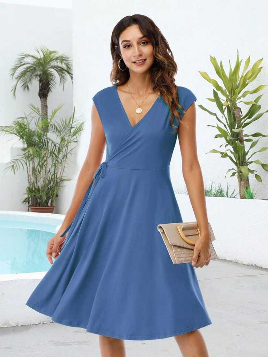 Summer Casual Wrap Swing A-Line Dresses Cap Sleeve Solid Dusty ...