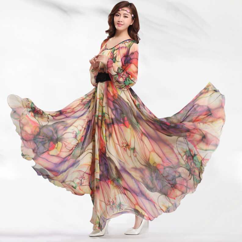 Summer Chiffon Floral Long Sleeve Beach Maxi Dress Lightweight ...