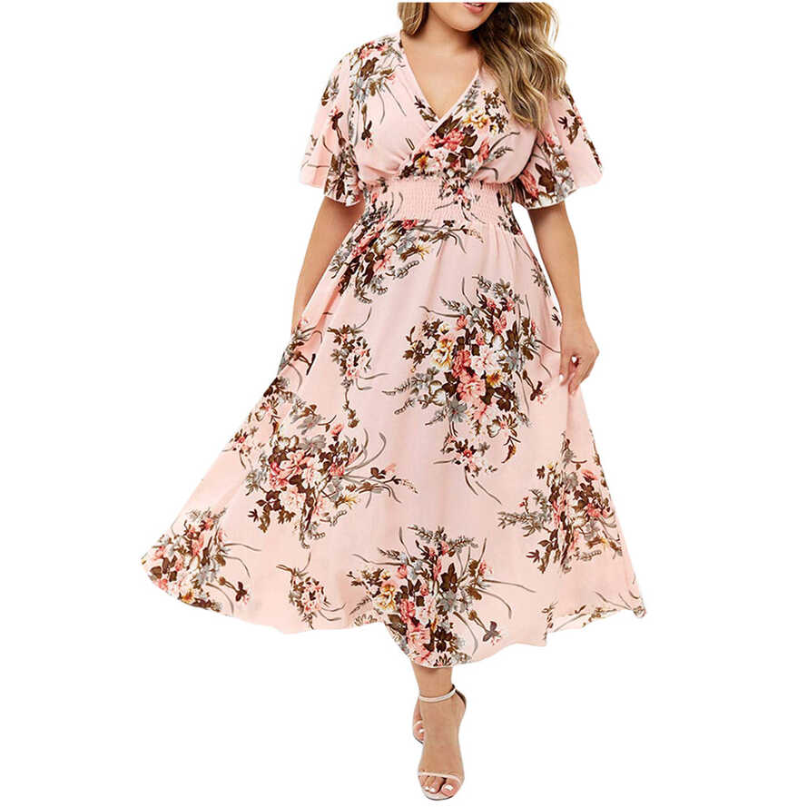 Summer Chiffon Short Sleeve Maxi Dresses for Women Pink Floral ...