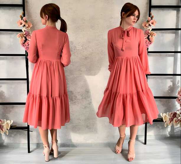 Summer Coral Dress for Photo Shoot, Neck Bow Midi Chiffon Dress ...