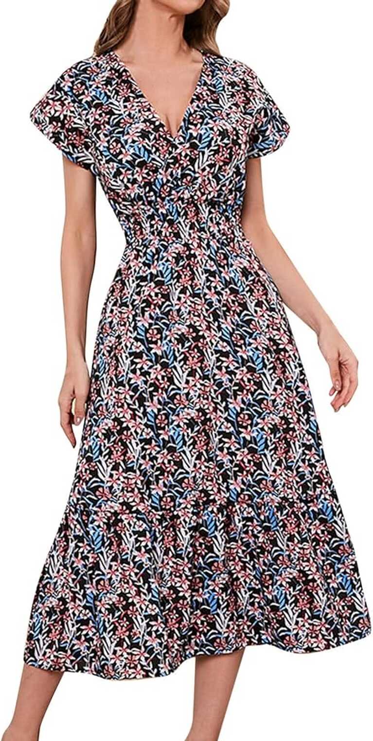 Summer Dress Ladies Boho Floral Print Loose Fit Flowy Hem Maxi ...