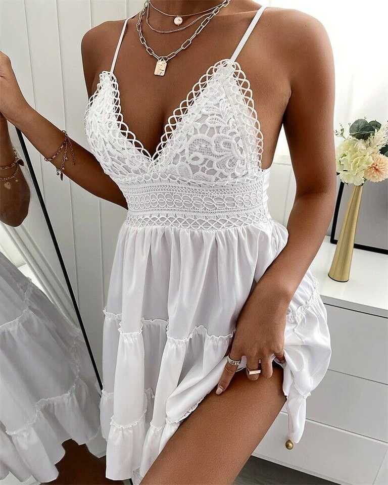 Summer Dress Solid Color Crochet Spaghetti Strap V-Neck Backless ...