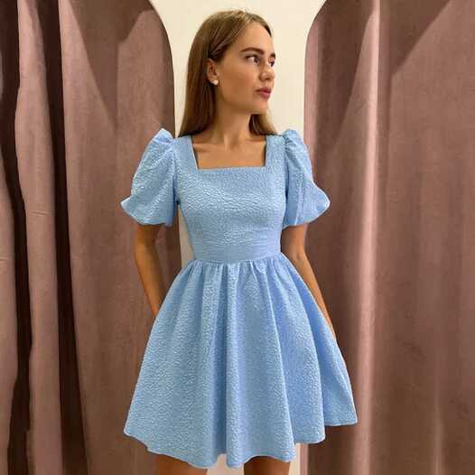 Summer Dresses Women 2023 French Square Neck Puff Sleeve Jacquard ...