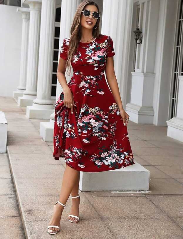 Summer Dresses for Women 2023 Short Sleeve Round Neck Floral Print ...